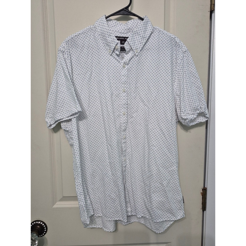 Michael Kors Mens XXL Slim Fit Short Sleeve Button Down Shirt Blue White Diamond